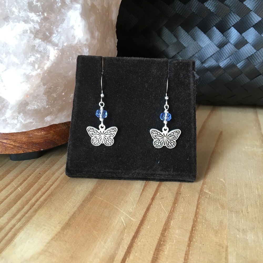 Butterfly & Blue Glass Earrings